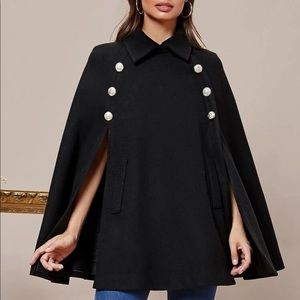 Wool like double breast button cape jacket black